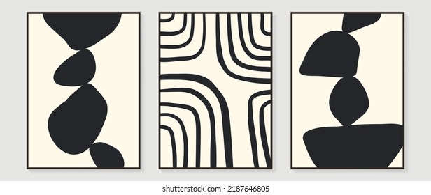 Set of abstract wall art vector background. Wall decor design with organic shapes, monochrome, black, white color. Abstract painting for wall decoration, interior, prints, cover, and postcard.