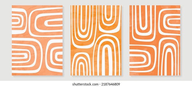 Set of abstract wall art vector background. Wall decor design with orange color, line, geometric shapes. Abstract watercolor painting for wall decoration, interior, prints, cover, and postcard.