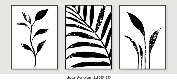 Set of abstract wall art vector. Design with leaf branch, leaves, foliage, palm, monochrome, black, white color. Watercolor painting for wall decoration, interior, prints, cover, and postcard.