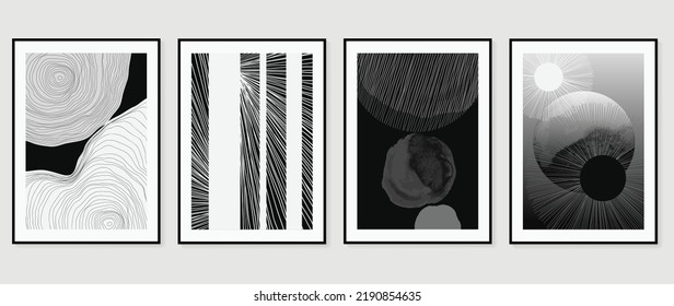 Set of abstract wall art vector. Design with abstract shapes, monochrome, black and white color, line art, pencil line. Watercolor painting for wall decoration, interior, prints, cover, and postcard.