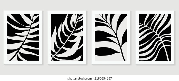 Set of abstract wall art vector. Design with leaf branch, leaves, foliage, plants, monochrome, black, white color. Botanical painting for wall decoration, interior, prints, cover, and postcard.