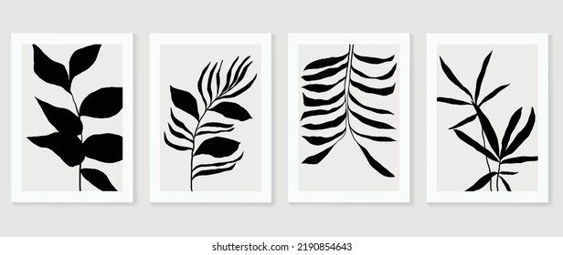 Set of abstract wall art vector. Design with leaf branch, leaves, foliage, plants, monochrome, black, white color. Botanical painting for wall decoration, interior, prints, cover, and postcard.