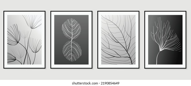 Set of abstract wall art vector. Design with leaves, foliage, line art, leaf lines, monochrome, black, white color. Botanical painting for wall decoration, interior, prints, cover, and postcard.