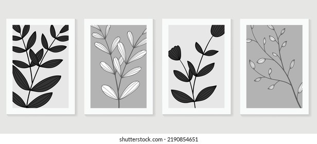 Set of abstract wall art vector. Design with flower, leaf branch, leaves, foliage, monochrome, black, white color. Watercolor painting for wall decoration, interior, prints, cover, and postcard.