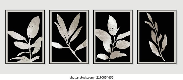 Set of abstract wall art vector. Design with leaf branch, leaves, foliage, plants, monochrome, black, white color. Botanical painting for wall decoration, interior, prints, cover, and postcard.