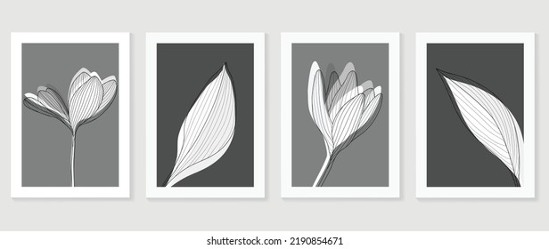 Set of abstract wall art vector. Design with flower, wildflowers, leaf, foliage, monochrome, black, white, grey color. Watercolor painting for wall decoration, interior, prints, cover, and postcard.