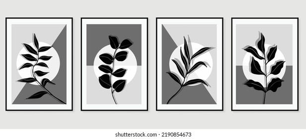 Set of abstract wall art vector. Design with leaf branch, leaves, foliage, plants, monochrome, black, white color. Botanical painting for wall decoration, interior, prints, cover, and postcard.