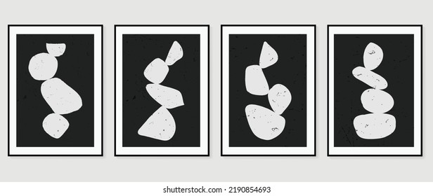Set of abstract wall art vector. Design with organic shapes, rocks, stones, monochrome, black, white color. Watercolor painting for wall decoration, interior, prints, cover, and postcard.
