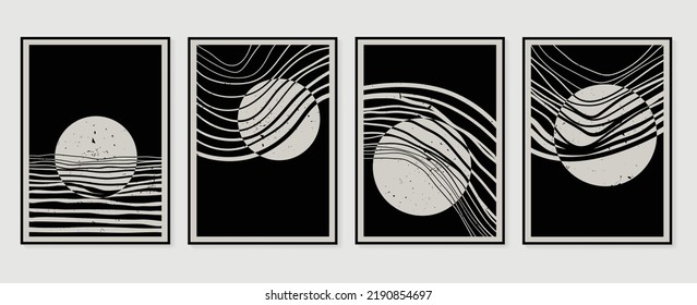 Set of abstract wall art vector. Design with line art, wave lines, ink, circles, monochrome, black and white color. Abstract painting for wall decoration, interior, prints, cover, and postcard.