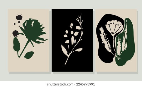 Set of abstract wall art vector background. Wall decor design with organic shapes, monochrome, black, white color. Abstract painting for wall decoration, interior, prints, cover, and postcard.