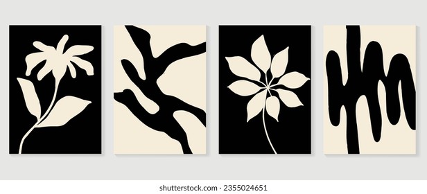 Set of abstract wall art vector background. Wall decor design with monochrome, organic shapes, flower, foliage, vase. Abstract painting for wall decoration, interior, print, cover, and postcard.