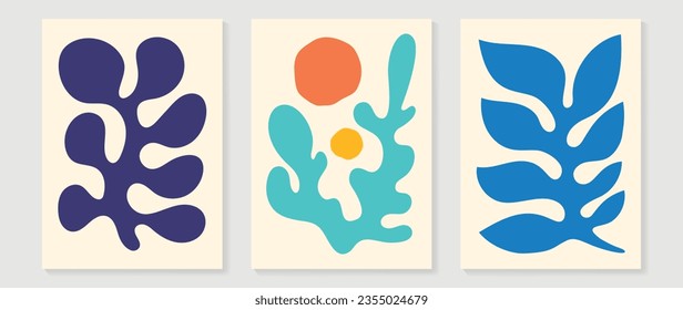 Set of abstract wall art vector background. Wall decor design with colorful, organic shapes, coral, leaves. Abstract painting for wall decoration, interior, prints, cover, and postcard.