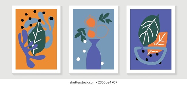Set of abstract wall art vector background. Wall decor design with colorful, organic shapes, lemon, foliage, vase. Abstract painting for wall decoration, interior, print, cover, and postcard.