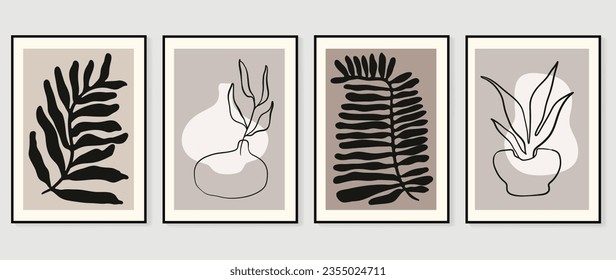 Set of abstract wall art vector background. Wall decor design with monochrome, organic shapes, foliage, vase. Abstract painting for wall decoration, interior, print, cover, and postcard.
