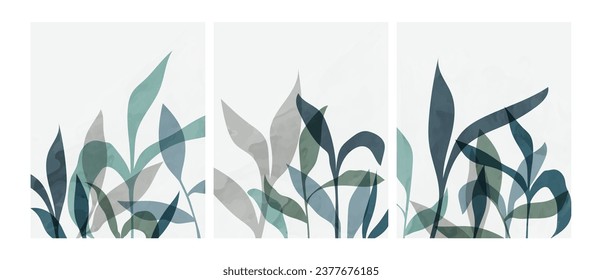 Set of abstract wall art vector background. Wall decor design with leaves, branches, in watercolor strokes. Abstract watercolor painting for wall decoration, interior decoration, prints, covers	