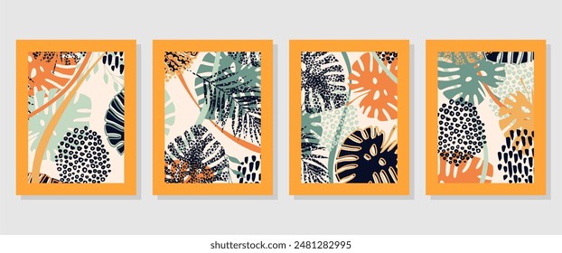 Set of abstract wall art vector. Leaves, organic shapes, tropical leaf in hand drawn style. Wall decoration collection design for interior, poster, cover, banner.