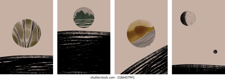 Set of abstract wall art with watercolor stain and hand drawn scribble circle. Line art elements, colorful spots. Earth illustration. Minimalist landscape with sun for cover, poster, placard, template