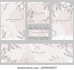 Set of abstract watercolor art background vector. leavesand botanical line art wallpaper. Luxury cover design with text, golden texture and brush style. floral art for wall decoration and prints.