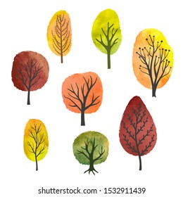 Set of abstract watercolor autumn trees. Vector illustration.