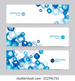 Set of abstract watercolor banners. Three horizontal background for your design. Hand drawn geometric elements or pieces of ice.  Eps10 vector illustration
