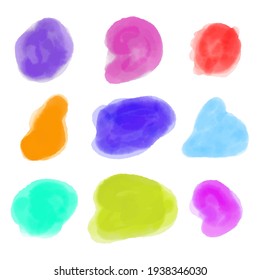 A set of abstract watercolor stains in various colors, scalable vector graphic; paint brush strokes in purple and orange, green, yellow, teal blue, pink, and red; handmade textures for design