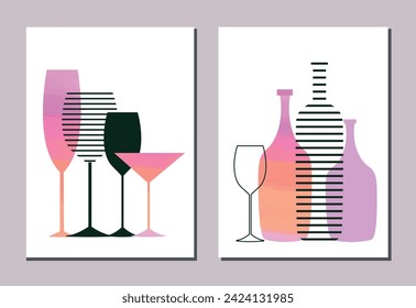 Conjunto de acuarela abstracta y botellas de vino a rayas y vasos. Ilustración del vector