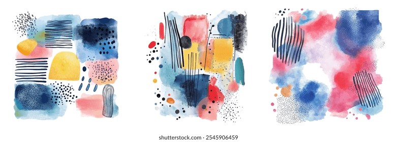 Set of abstract watercolor textures. Anthology of figures, vintage watercolor art. Paint brush texture. Vector decorative elements.