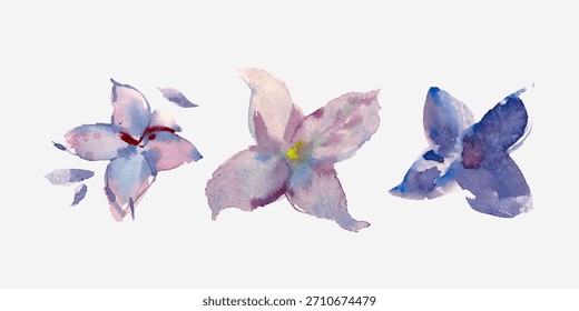 Set of the abstract watercolor vector blue bright flower pattern. Hand drawn creative trendy floral unique print. For fabric prints, textiles, packaging, wallpaper, cover, postcard, banner, invitation