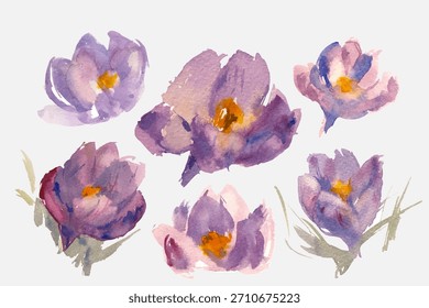 Conjunto das flores abstratas do vetor aquarela crocus isoladas. Mão artística desenhada criativo moda floral impressão única. Elementos de design para impressões, têxteis, embalagem, papel de parede, cartão postal, convite