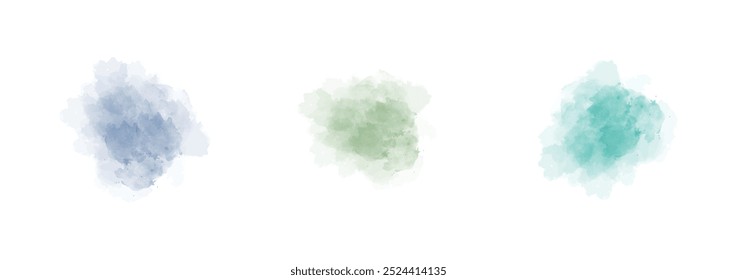 Set of abstract watercolor water splash on a white background. Vector watercolour texture in salad color. Ink paint brush stain. Splatters spot. Watercolor pastel splash