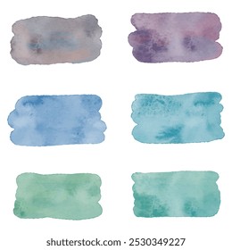 Set of abstract watercolor water splash on a white background. Vector watercolour texture in pastel color. Ink paint brush stain. Green splatter spot. Watercolor pastel splash