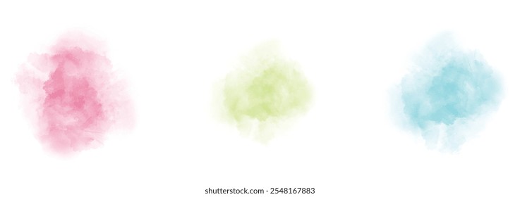 Conjunto de abstrato aquarela salpicos em um fundo branco. Textura de aquarela vetorial em cor de salada. Mancha de pincel de tinta. Mancha Splatters. Mancha pastel aquarela