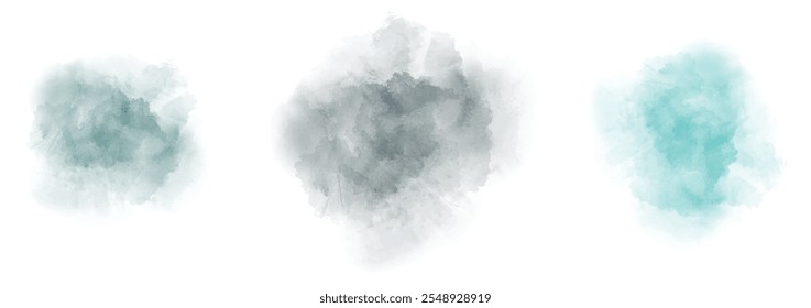 Set of abstract watercolor water splash on a white background. Vector watercolour texture in salad color. Ink paint brush stain. Splatters spot. Watercolor pastel splash