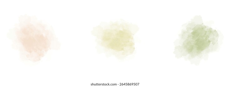 Conjunto de abstrato aquarela salpicos em um fundo branco. Textura de aquarela vetorial em cor de salada. Mancha de pincel de tinta. Mancha Splatters. Mancha pastel aquarela