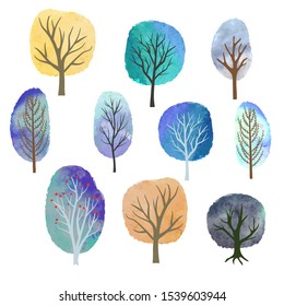 Set of abstract watercolor winter trees. Vector illustration.
