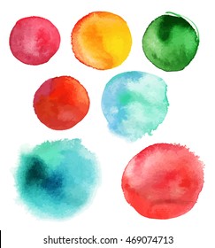 A set of abstract watercolour circles in red, teal, yellow, and green, scalable vector graphic