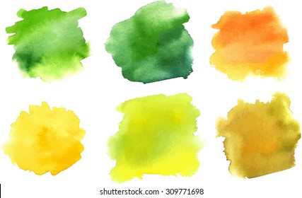 A set of abstract watercolour stains in the green and golden colours of summer and autumn, scalable vector graphic
