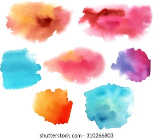 A set of abstract watercolour stains in various colours, scalable vector graphic