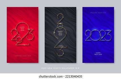 Set of abstract wave background with 2023 new year golden logo. Luxury template design with golden number of year. Wallpaper with aspect ratio 16:9