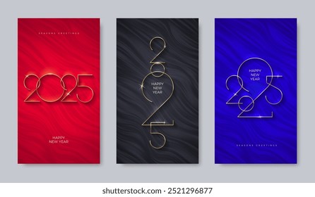 Conjunto de fundo de onda abstrata com 2025 novo logotipo de ouro ano. Design de modelo de luxo com número dourado do ano. Ilustração vetorial.