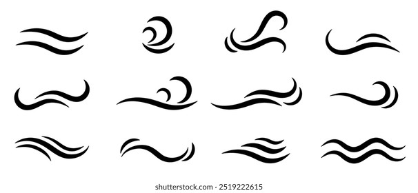 A set of abstract wave icons in black, illustrating flowing water, waves, and fluid motion, ideal for aquatic-themed designs.