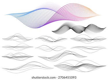 Un conjunto de líneas ondulatorias abstractas y Formas de Vector curvadas inspiradas en el movimiento, el agua y el flujo. Ideal para fondos digitales, carteles, imágenes de tecnología, conceptos de olas de mar o sonido y diseño moderno