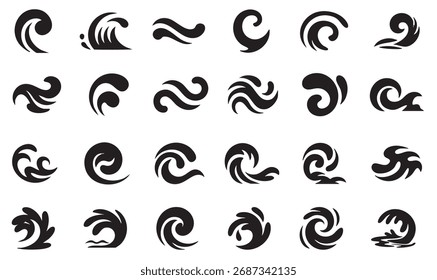 Conjunto de ícones de vetor de espiral de onda abstrata em design preto e branco. Símbolos decorativos de fluxo oceânico para logotipo, padrão e marca.