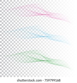 A set of abstract waves of pink, blue and green on a transparent background.