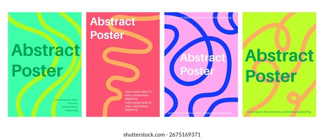 Conjunto de fundos de pôster de linhas onduladas abstratas em negrito. Moderno modelo de design de arte abstrata. Cores vibrantes. Design aplicável para mídia social, capa, banner, folheto, anúncios