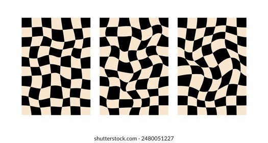 Set of abstract wavy checkered backgrounds. Vector distorted cage posters. Y2k design templates