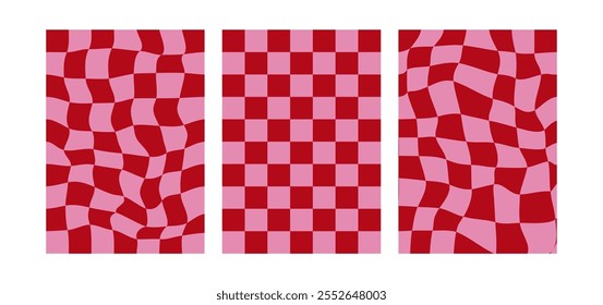 Set of abstract wavy checkered backgrounds. Vector distorted cage posters. Y2k design templates