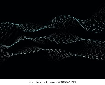 Set of abstract wavy dotted curved lines, irregular neon gradient faded turquoise sound waves. Dark technology background. Tech concept. Vector illustration, eps 10.