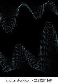 Set of abstract wavy dotted curved lines, irregular neon gradient faded green turquoise sound waves. Vertical dark technology background. Tech concept. Vector illustration.