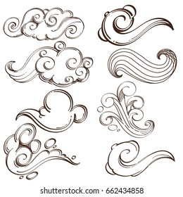 Set of abstract wavy elements. Hand drawn, sketch style. Outline vector illustration isolated on white background.